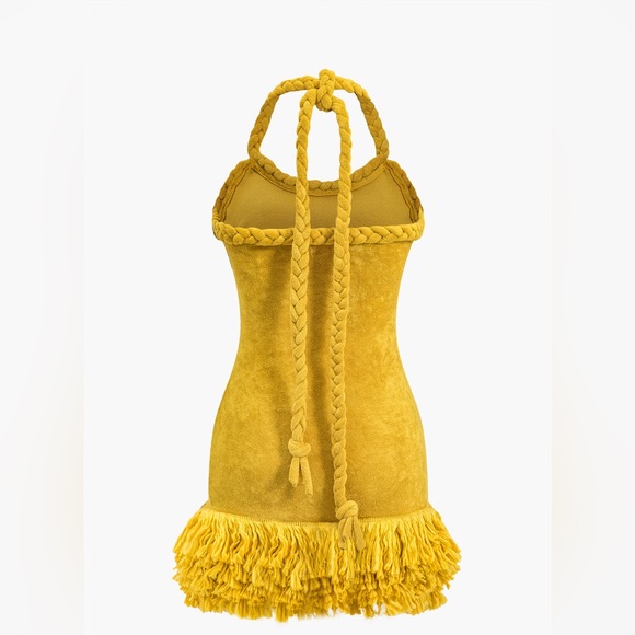 Micas Hand braided lioness Mustard Yellow Dress size M mc7-37 - Picture 4 of 8